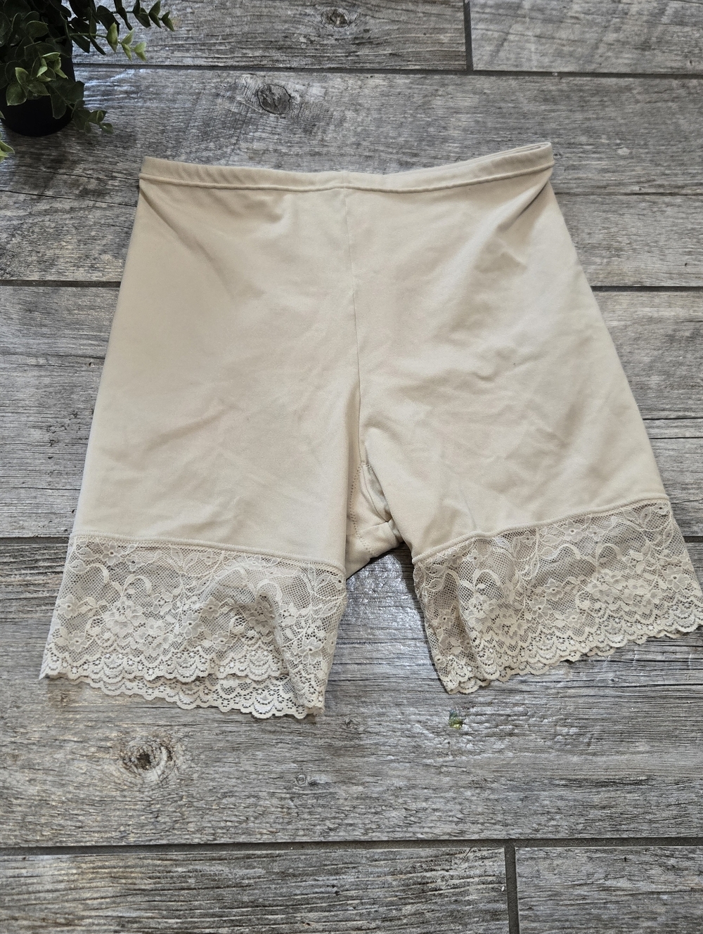 Flexees Nude Shapewear Shorts with Floral Lace Trim, Size Large